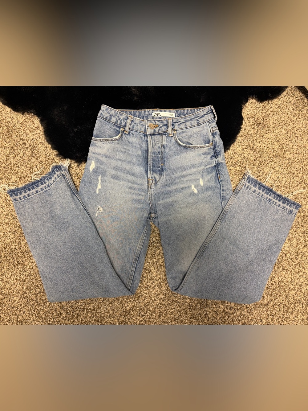 Zara Light Blue Distressed Straight Raw Hem Leg Jeans 25